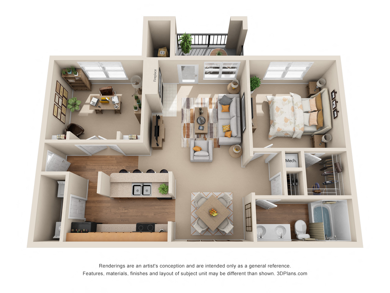 Floor plan for 1 bed, 1 bath, 926 sqft